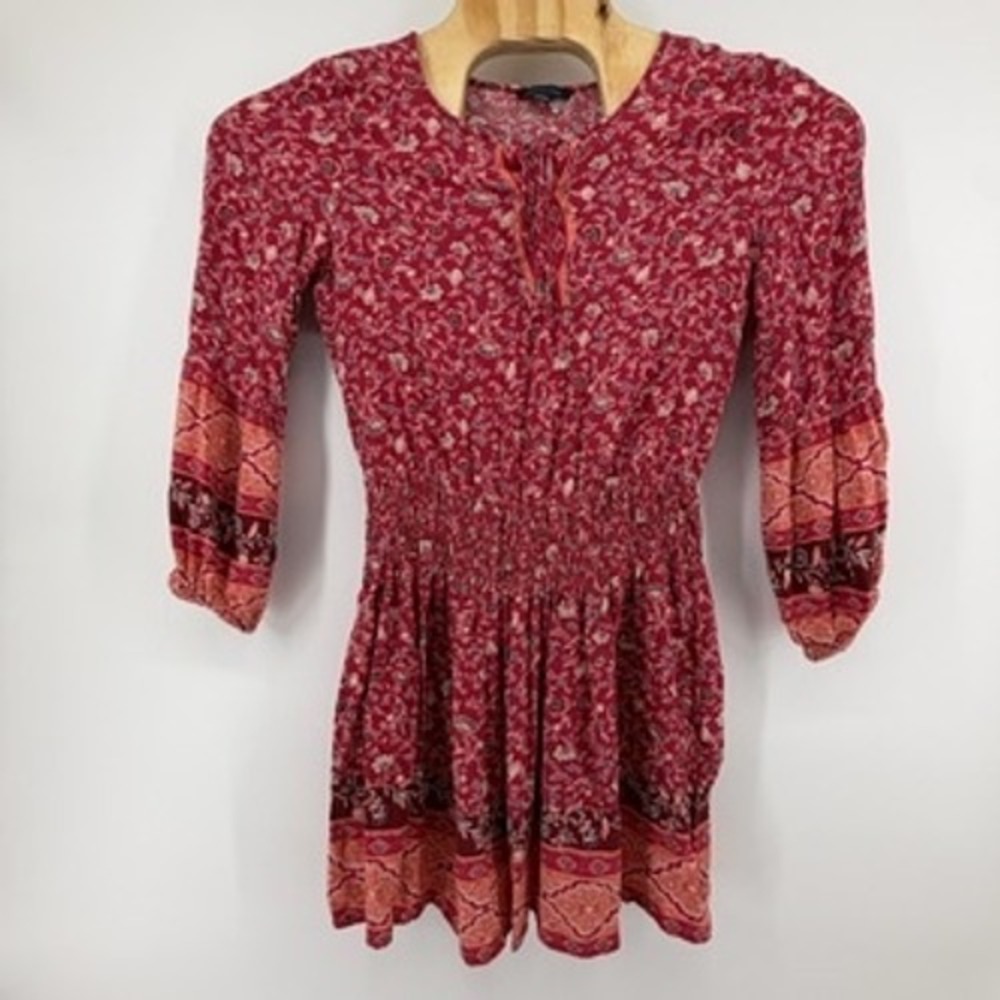 American Eagle Red Floral Paisley Smocked Waist Boho Peasant Dress‎ Medium